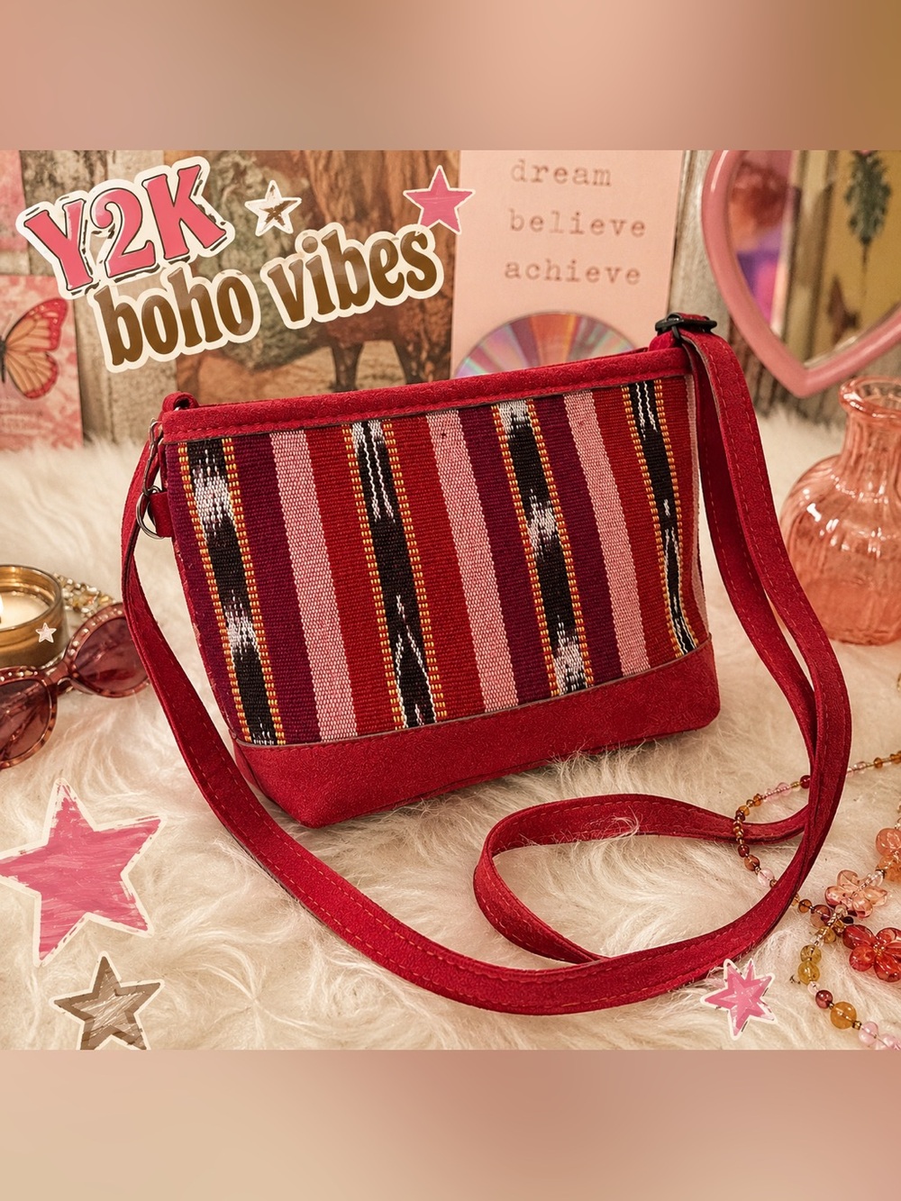 Boho Southwestern Red Crossbody Bag Woven Stripe Faux Suede Purse